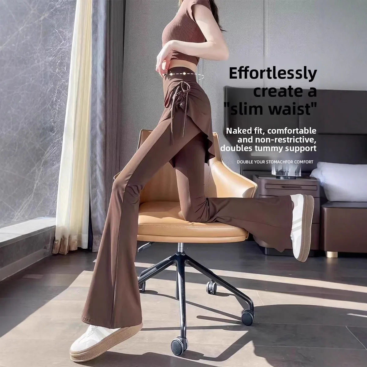 High Waist Yoga Pants Skirt Fake Two-Piece Fitn Pilates Women's Bell Bot Long Trousers Drapey Cosite Fabric