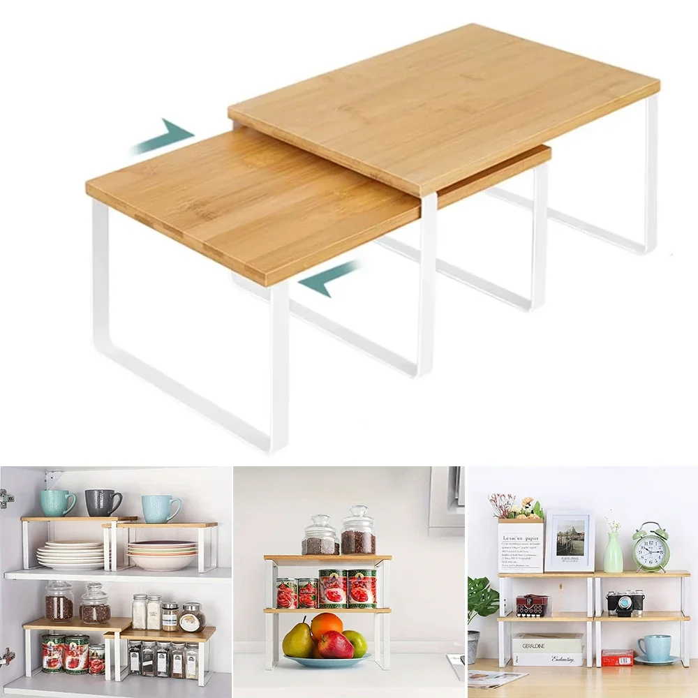 1PC Wooden Kitchen Shelf  for Kitchen Cabinets Counter Shelf Organizer Extended Stackable Storage Shelf Made of Bamboo 주방 진열대