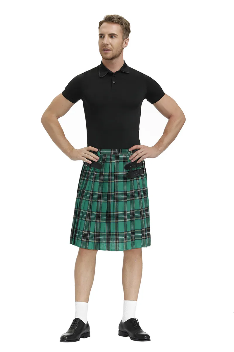 Men Scotland Kilt Traditional Plaid Belt Pleated Bilateral Chain Gothic Punk Hip-hop Avant Garde Scottish Tartan Trousers Skirts