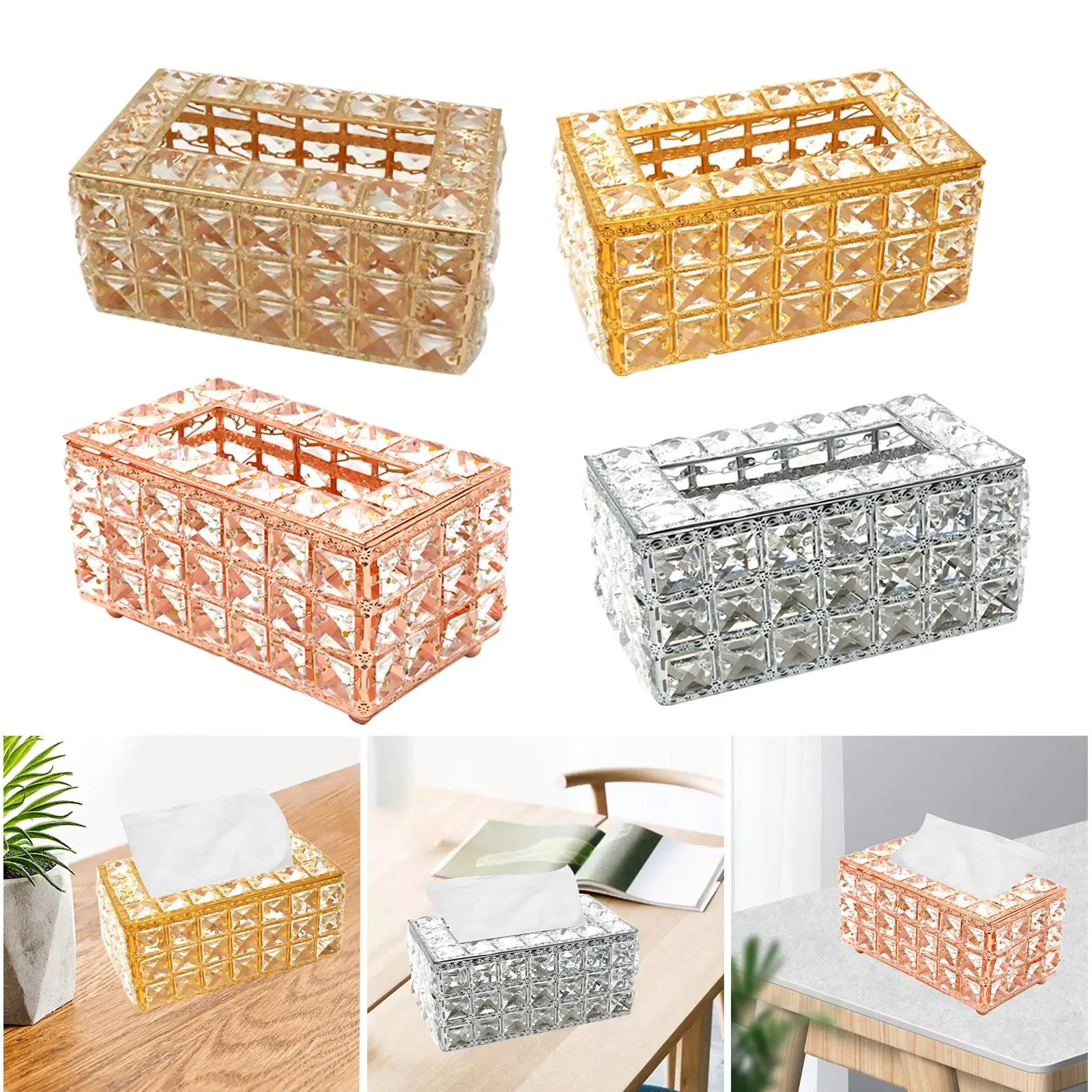 Bling Crystal Facial Tissue Box Cover Elegant Napkin Holder Case Organizer