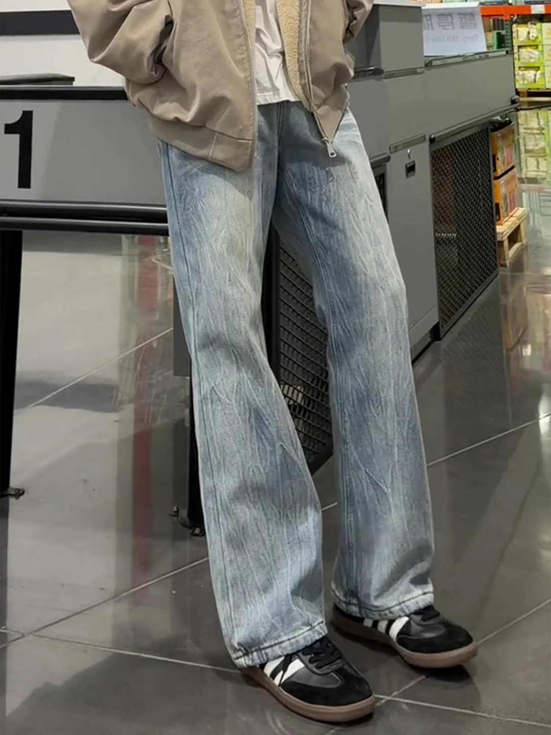 

Cleanfit American Style Thunderbolt Bamboo Pattern Men's Jeans Winter Slimming Straight Leg Micro Flared Pants Fleece Lined