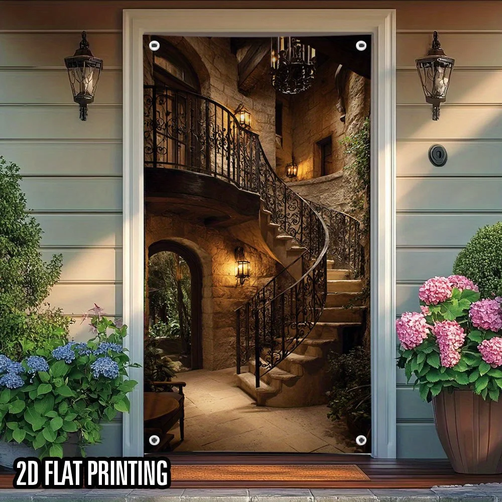 

Spiral Staircase Door Cover 3D Illusion Vintage Style Polyester Door Banner Wall Hanging for Home Entrance Living Room