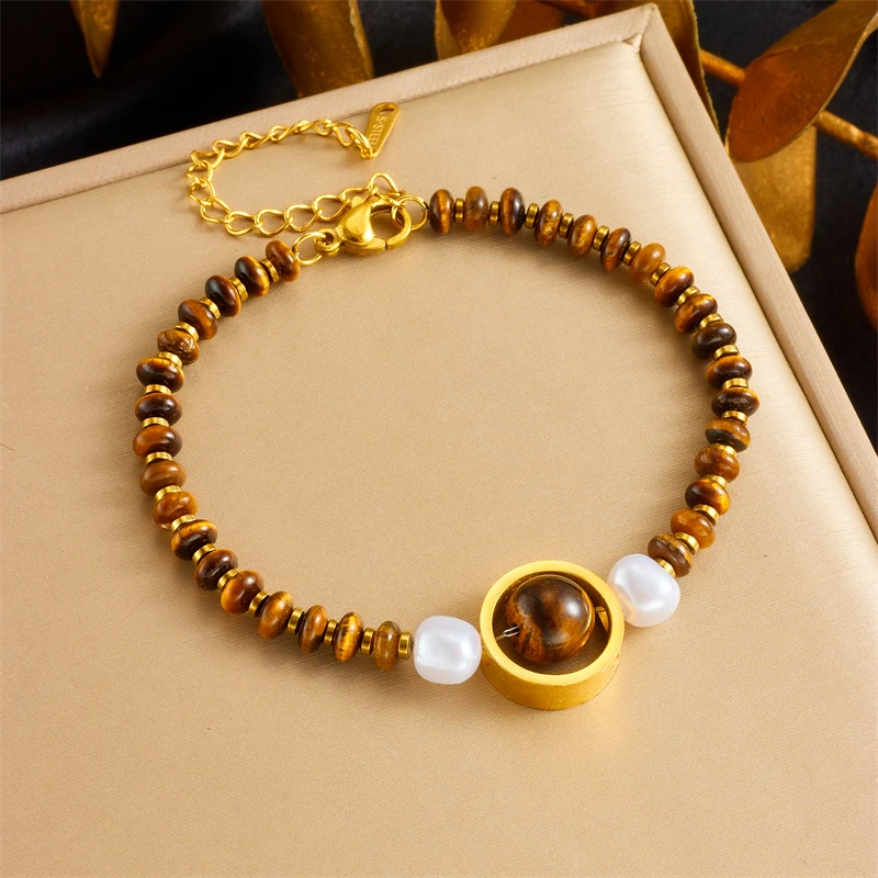 DIEYURO 316L Stainless Steell Maillard Wind Heart Tiger Stone Pearl Beaded Bracelet For Women New Trend Hand Chain Jewelry Gift