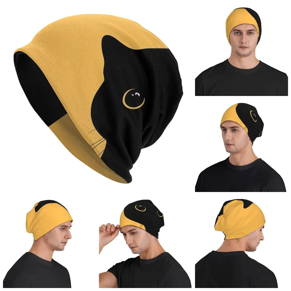 

Милые шапки унисекс с черным котом для взрослых, вязаная шапка с капюшоном, теплая шапка в стиле хип-хоп, осенне-зимняя уличная шапка Skullies