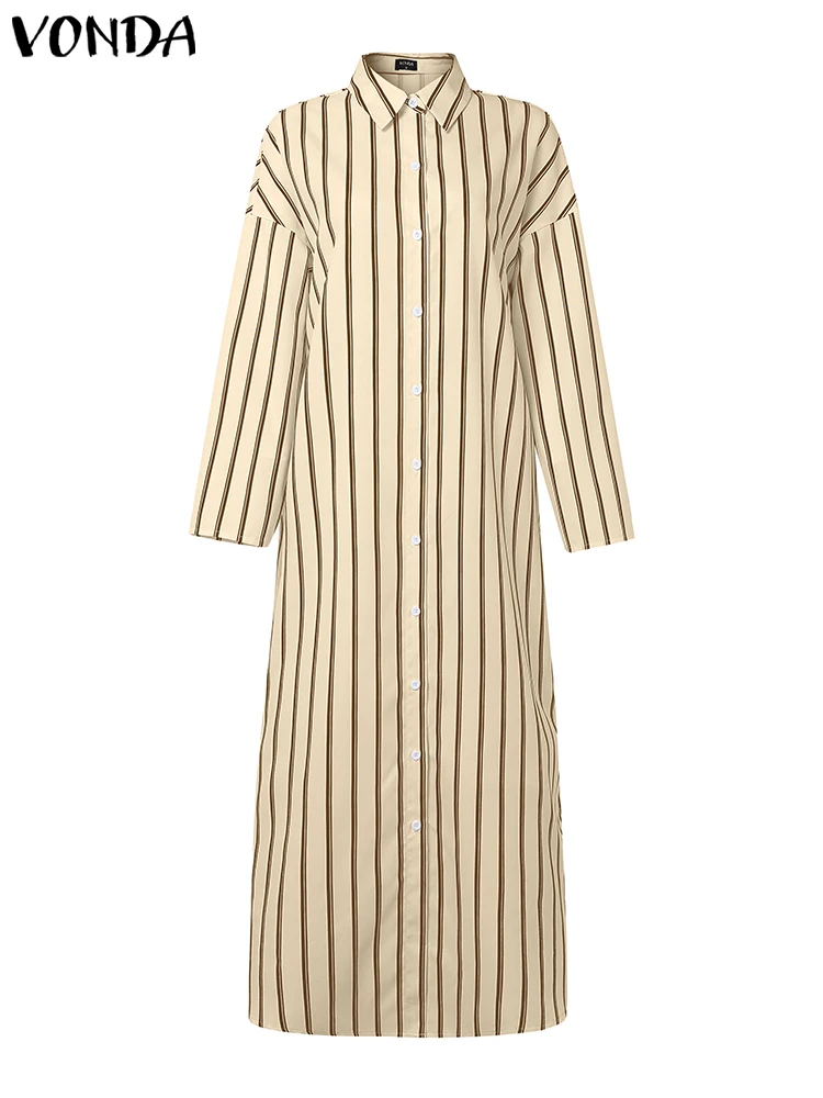 

VONDA Платья больших размеров Женская полосатая модная длинная рубашка с длинным рукавом Vestidos Свободные повседневные карманы с принтом Вечерние макси-халат 5XL