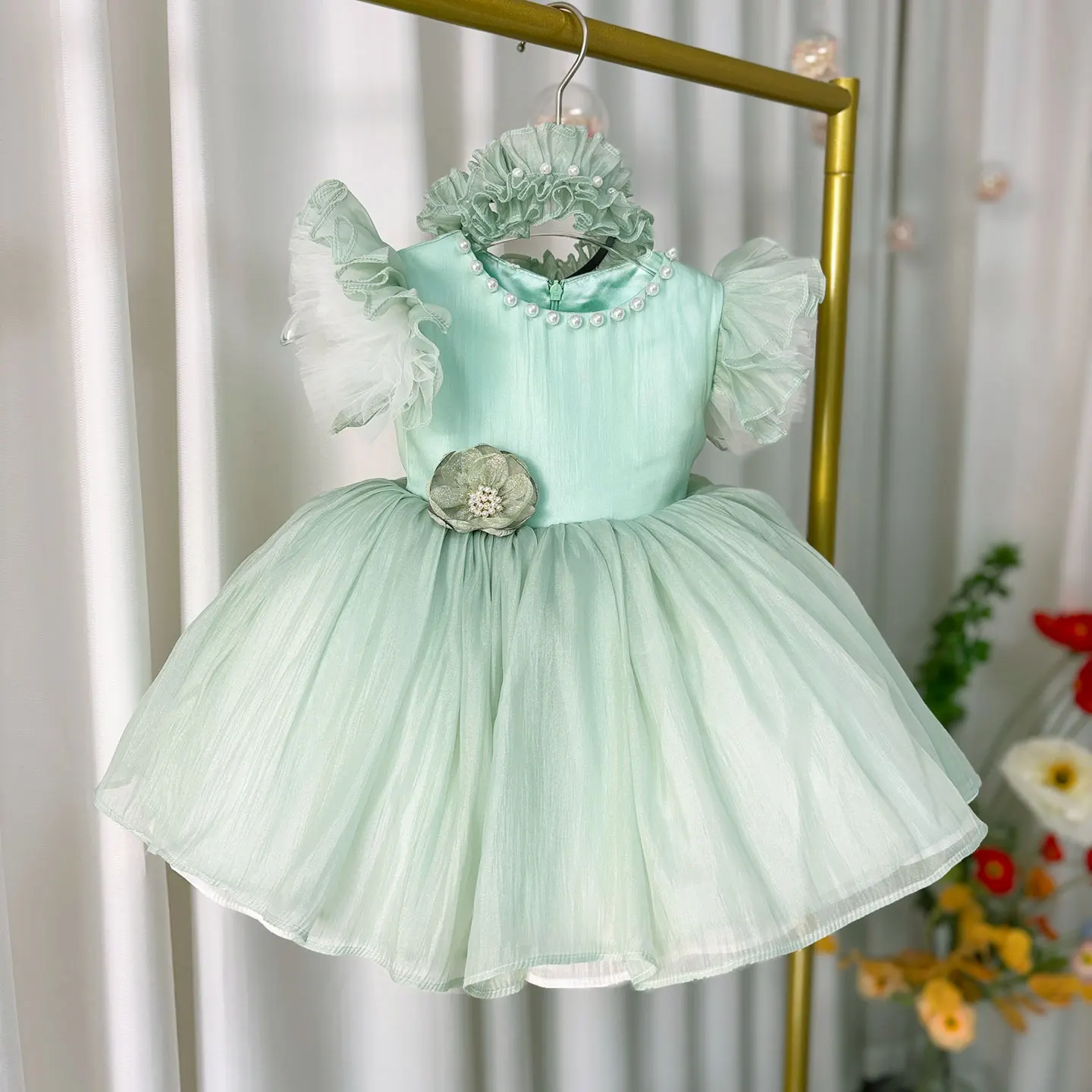 حالمة نذر J035 الساحرة الأزهار طفلة فستان قصير الأكمام للأطفال عطلة حفلة الاحتفال الربيع الصيف ثوب الكرة الصغيرة #3