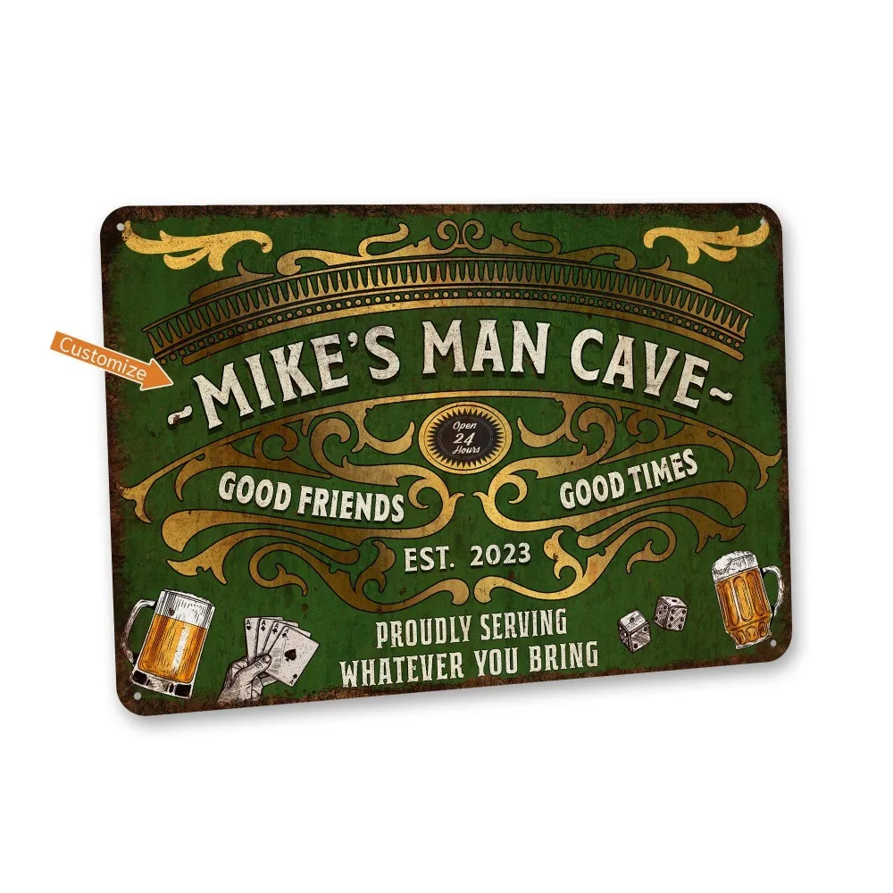 CIFbuy [2D Flat] 1pc Custom Green Man Cave Metal Plaque, Personalized Name Est Year Beer Poker Dice Wall Ornament (Only For Deco