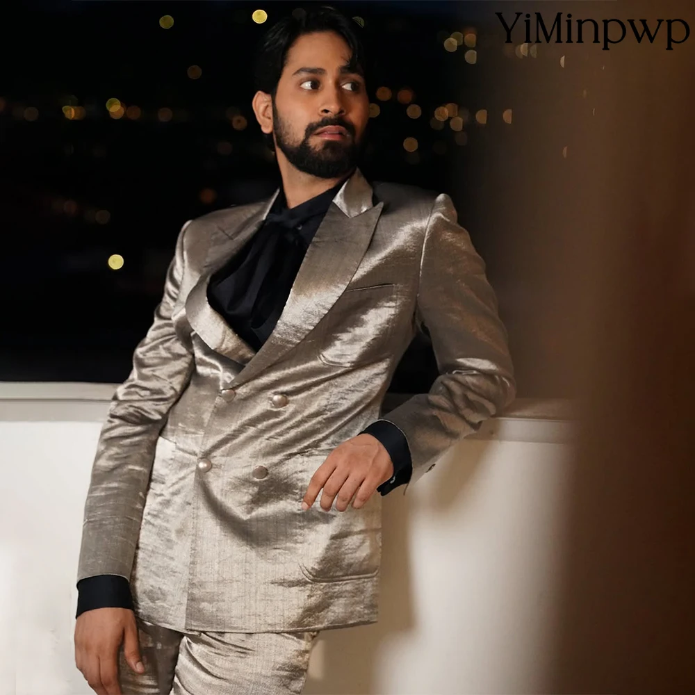 

YiMinpwp Silver Shiny Men's Suits Set Groom Wedding Satin 2 Pieces Peaked Lapel Slim Fit Party Prom Formal Wear Tuxedos Suit
