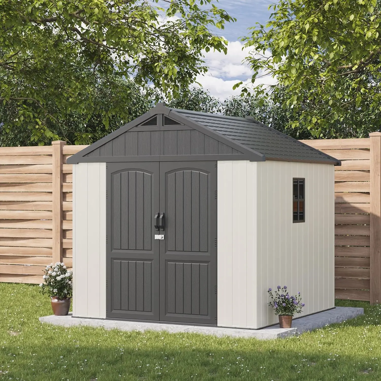 8 x 8 FT Plastic Outdoor Storage Shed with Floor Resin Shed with Window and Lockable Door for Garden Backyard Tool Storage Use