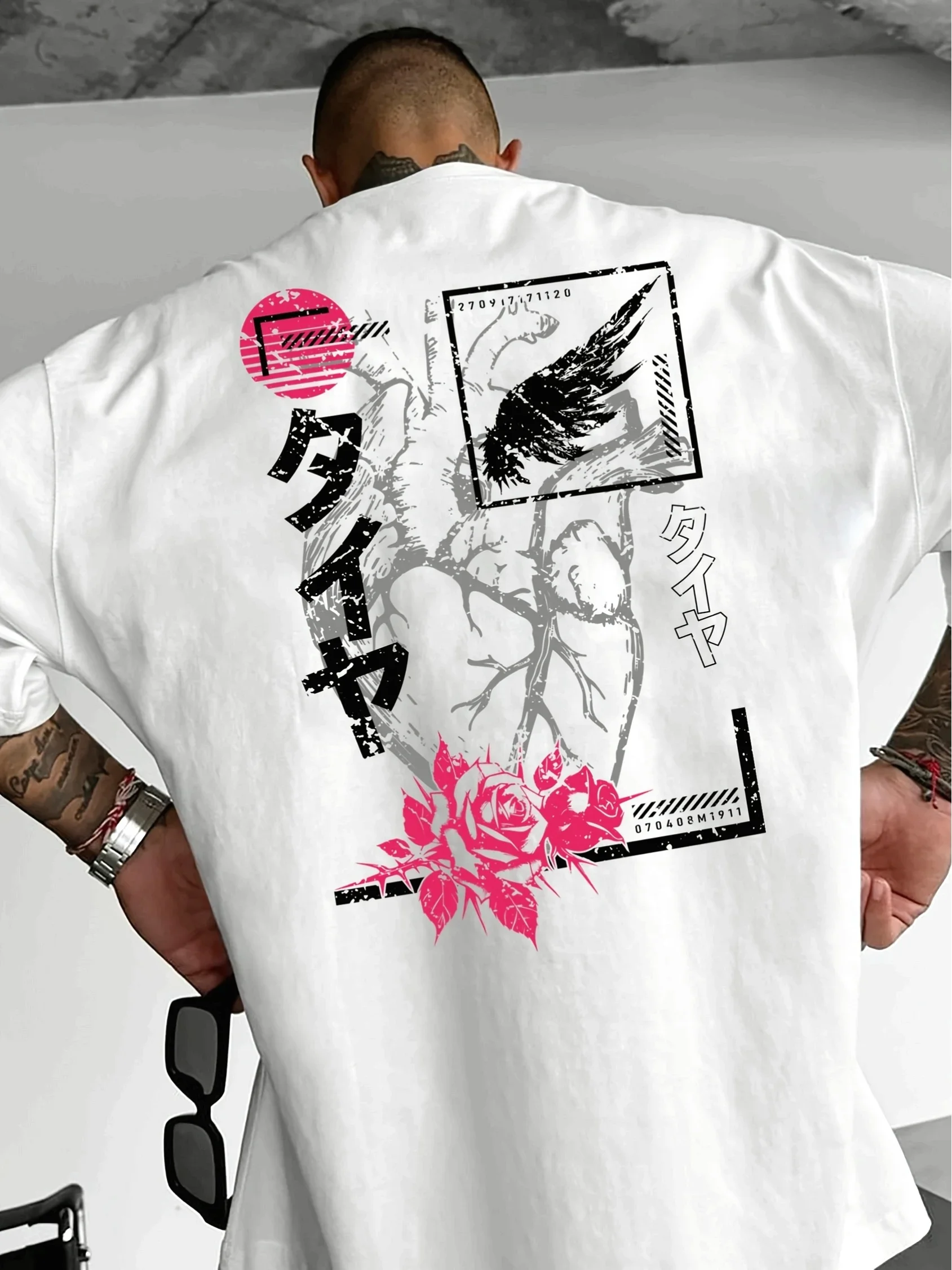 Men’s Japanese Streetwear Graphic T Shirt Oversized Back Print Floral Abstract Kanji Design Casual Hip Hop Cotton Summer Tee