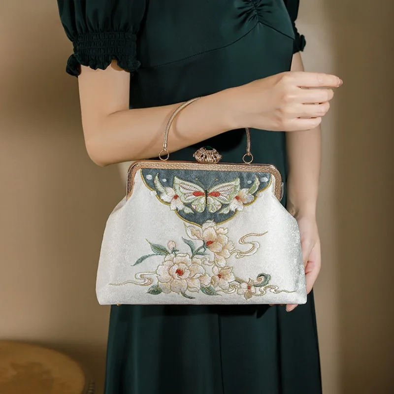 

Chinese Style Fine Embroidery Flower Evening Bags Dinner Prom Party Ladies Clutch Handbags bolsas de mujer Chain Shoulder Bag