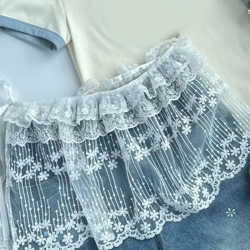 270D كشكش طبقات الدانتيل وهمية أعلى الاجتياح تنورة نصف طول تنورة صغيرة هملين قميص موسع للنساء الفتيات الهدايا