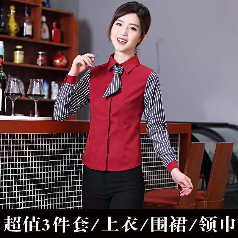 Seragam Kerja Hotel Koleksi Musim Gugur Musim Dingin Bar Kemeja Bergaris Hitam untuk Bartender Pelayan Klub MalamKTVPakaian Uniseks Lengan Panjang