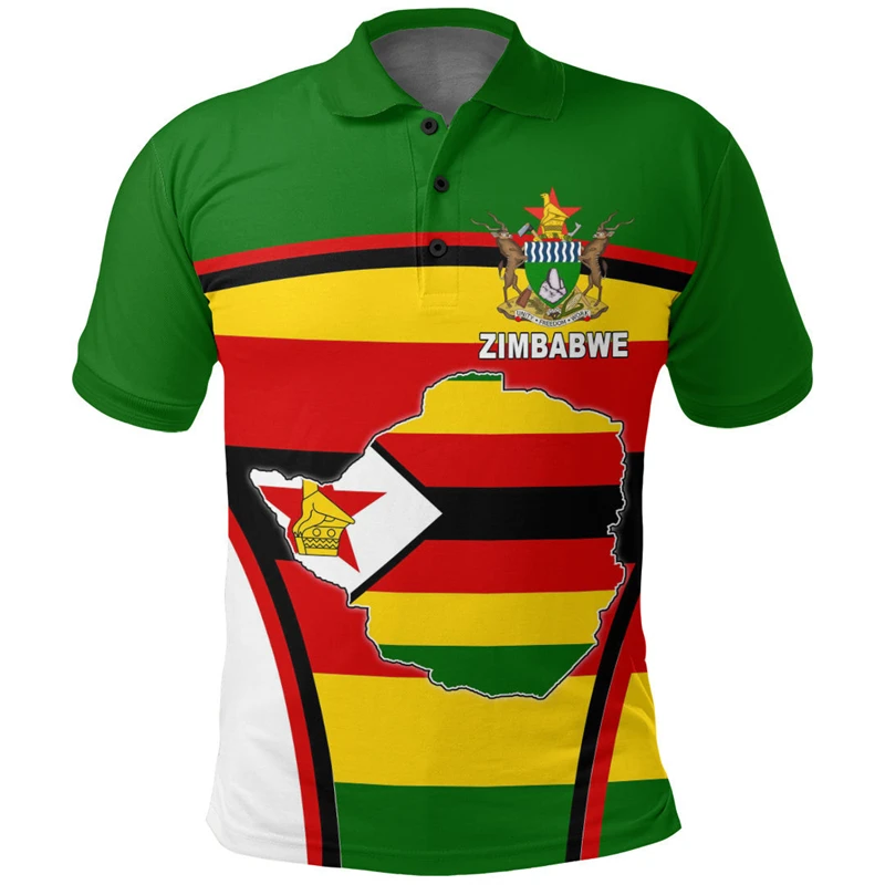 Zimbabwe Feel Map Graphic Polo Shirt for Men, National Emblem Tee Shirts for Men, Casual Male Streetwear, Africa Clothing, Short Sleeve Y