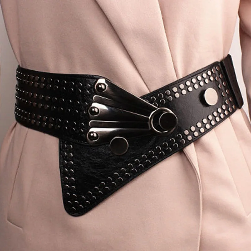 Black PU Stretch Waist Wide Belt Simple Versatile Embellishing Coat Waist Metal Accessories Gothic Style Slim Fit Belt for Women