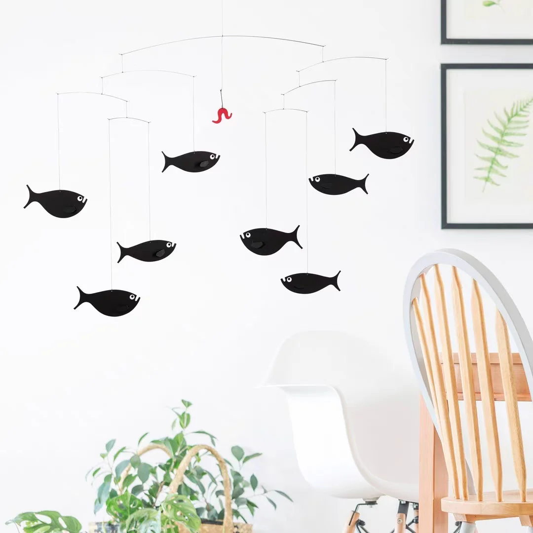 Small Fish Eating Insect Kidsren's Room Decoration Dynamic Balance Aerial Pendant Newborn Black and White Card Visual Chasing Bed Wind Chime