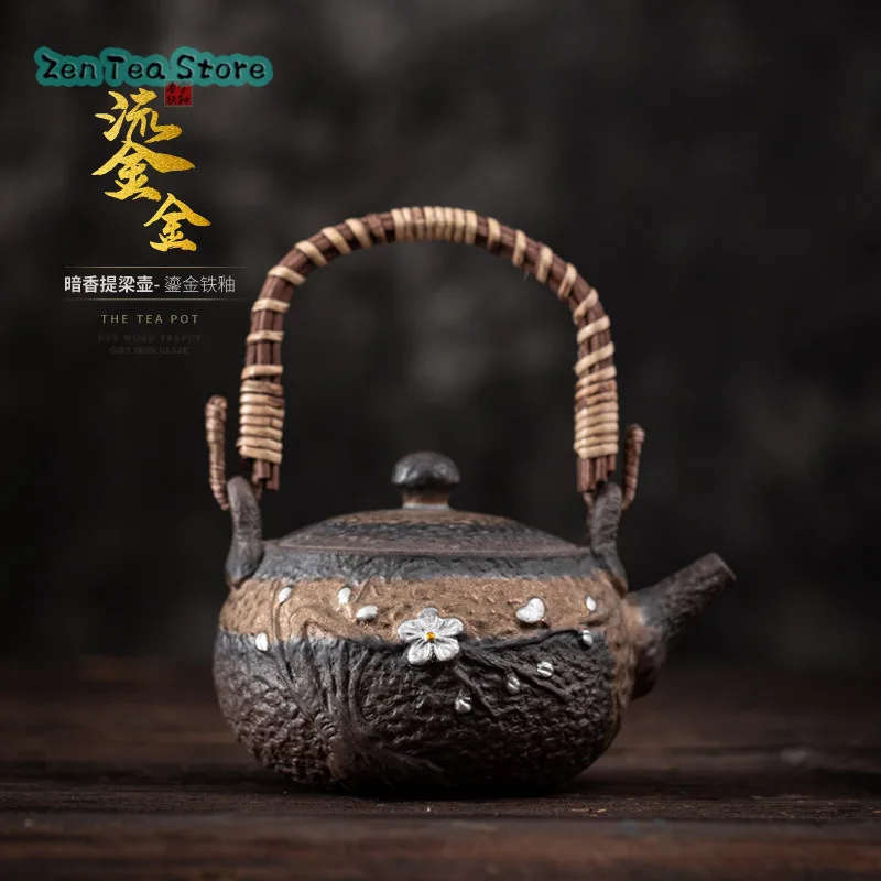 

Japanese Rough Pottery Silver Rattan Woven Lifting Beam Pot Hand-gilt Iron Glaze Ceramic Teapot Small Single Pot Tea Infuser