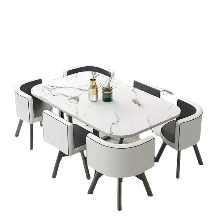 

New Modern Marble Top White Classic Dining Table Living Room Set With 6 Chairs