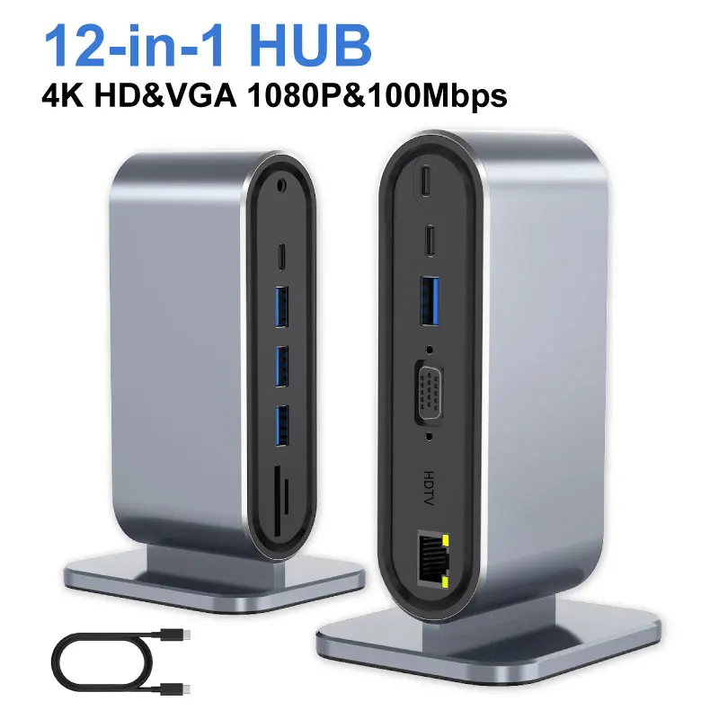 

Док-станция USB-C Концентратор 12-в-1, 4K HDTV VGA 4×USB3.0 100 Мбит/с Ethernet PD SD/TF Audio, для ноутбуков Mac с ОС Windows