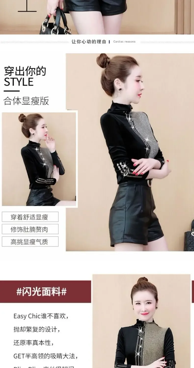 2021 New Women 's Autumn and Winter Half High Collar Bright Silk Rhinestone T-shirt