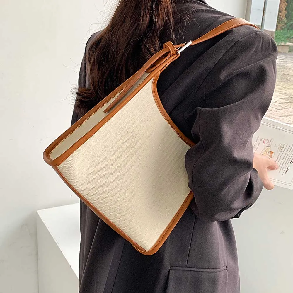 

Female Summer Underarm Bag Korean Shoulder Bag Contrast Color Artistic Canvas Handbags Ladies Simple Fashion Tote Bags