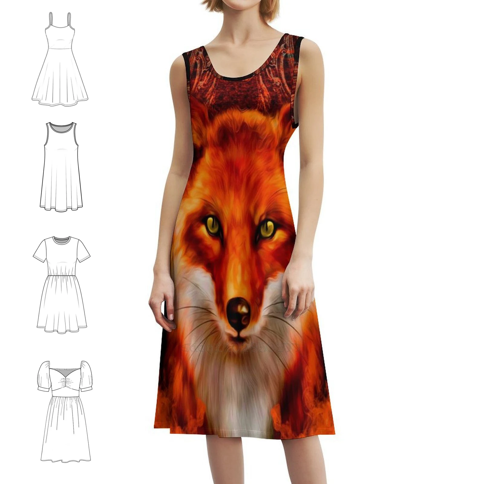 فستان ريد فاير فوكس بوهيمي بدون أكمام متعدد الطباعة لقضاء العطلات على الشاطئ فستان حفلات خلفية ثعلب نمط سلس كارتوني نسائي