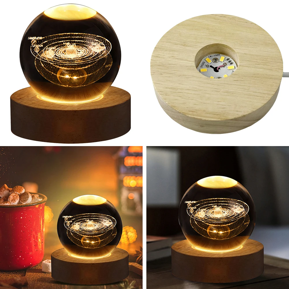 LED Crystal Ball Night Light Solar System Crystal Ball 3D Engraved Planet Nightlight with Wooden Base USB Charging Gift for Kids
