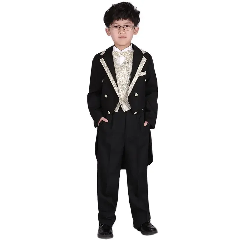 England Style Tuxedo Suits Boys Clothes Set Kids Formal Wedding Blazer Swallow-tailed Coat Kids Party Bow Tie Clothing 5PCS/Set