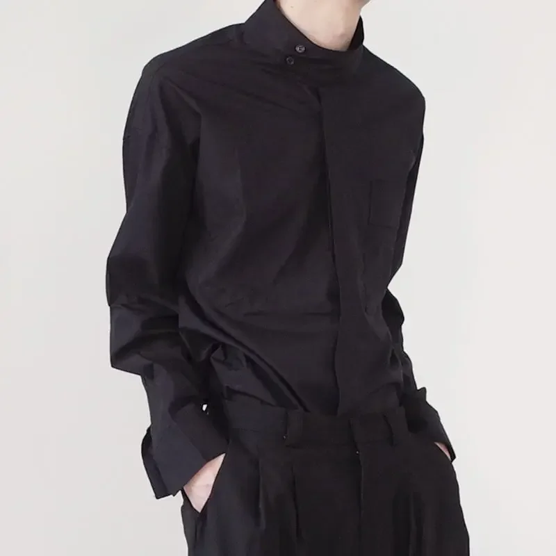 

Высококачественная рубашка с высоким воротником, мужская рубашка в корейском стиле, модный нишевый дизайн, свободная рубашка, французский ленивый минималистичный топ JJ371