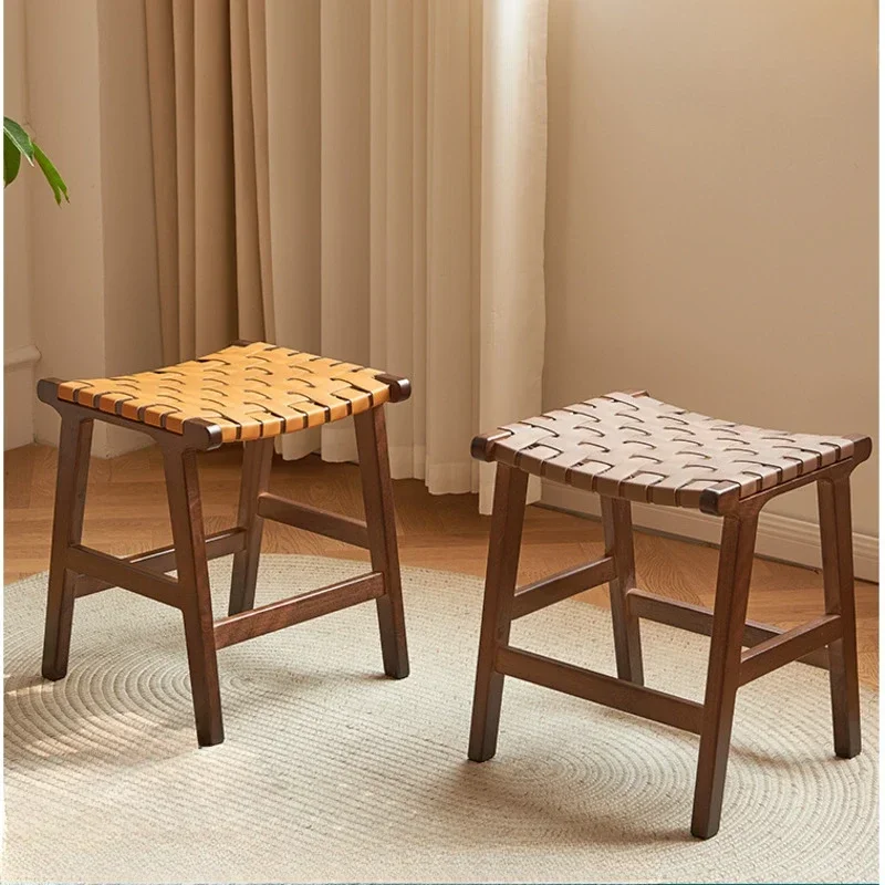 Vintage Woven Dining Chairs Square Home Shoe Changing Stool Saddle Leather Dressing Seat Solid Wood Frame Home Furniture