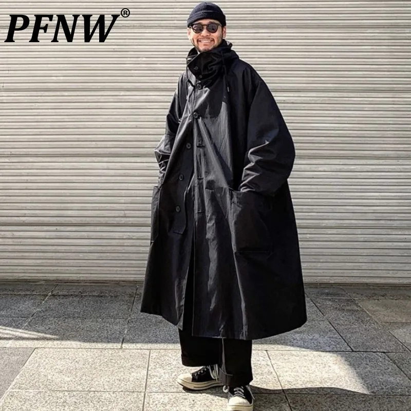 PFNW Menswear Autumn Winter Korean Silhouette Oversize Black Trench Fashionable Cotton Warm Hooded Windbreaker Jacket 12C1297