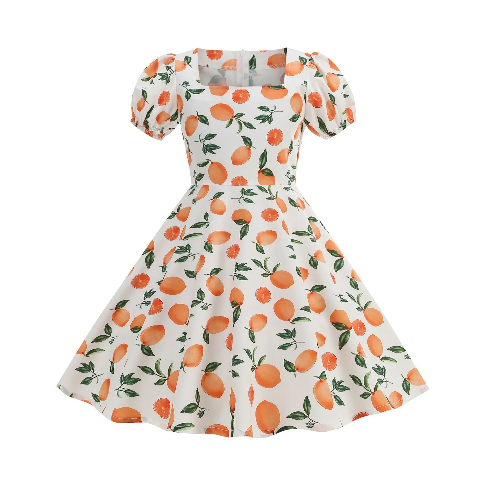 Elegant Kids Vintage Prom Dress Square Neck Puff Sleeve Cute Strawberry Print A-Line Clothes 50s Retro Girls Party Dresses ﻿