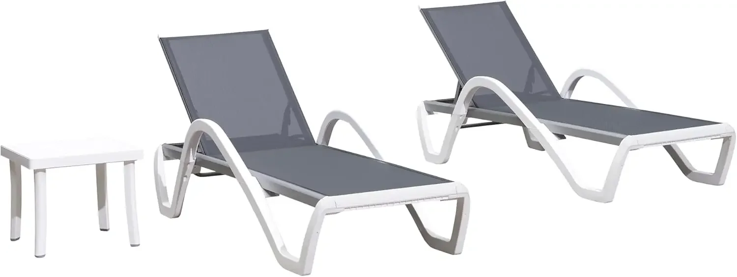 Patio Chaise Lounge Chair Set of 3 Stackable Aluminum Plastic Chairs with Armrests and Side Table for Pool, Light Grey