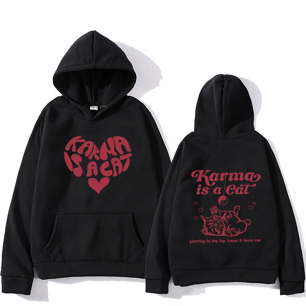 The Eras Tour Karma Is A Cat Double-sided Print Hoodies Men Hip Hop Casual Long Sleeve Loose Sweatshirts  Gothic Punk Pullovers