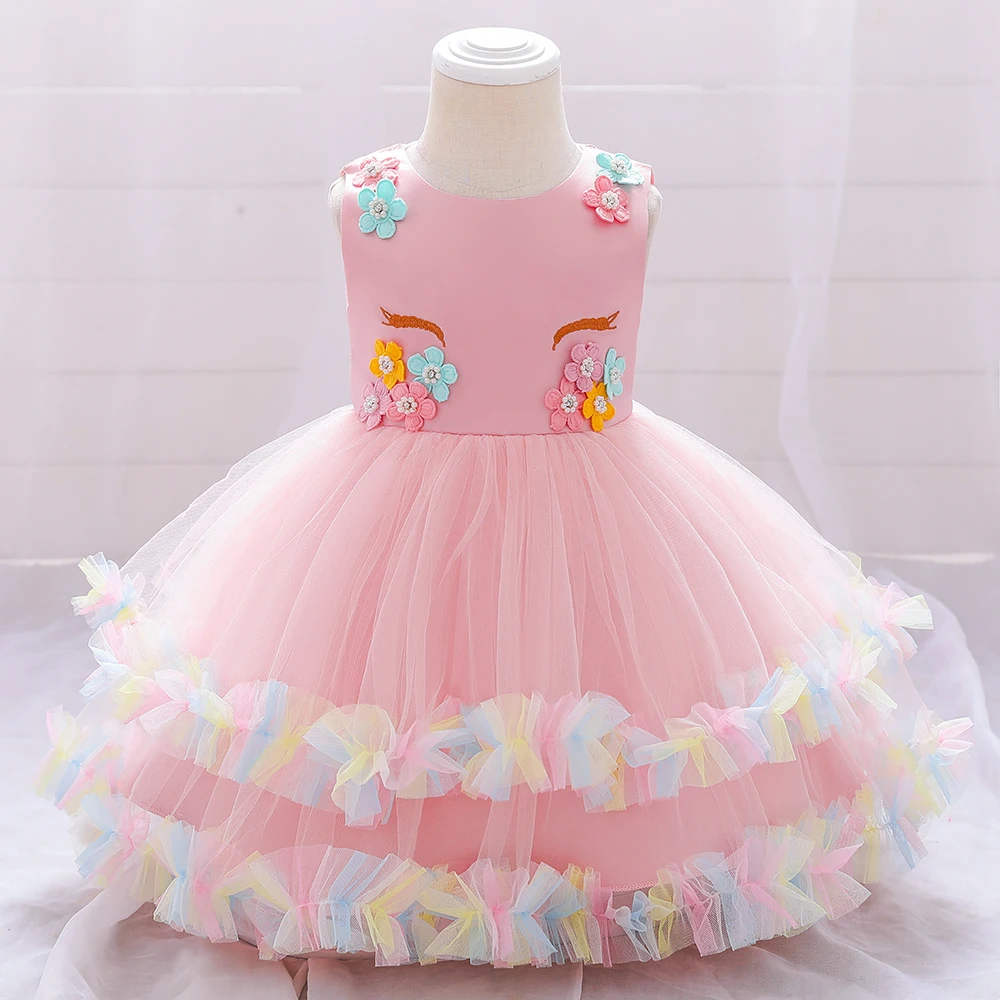 Colorful Unicorn Baby Girls 1st Birthday Dress Flower Tulle Baptism Kids Dresses For Girl Wedding Toddler Infant Party Prom Gown