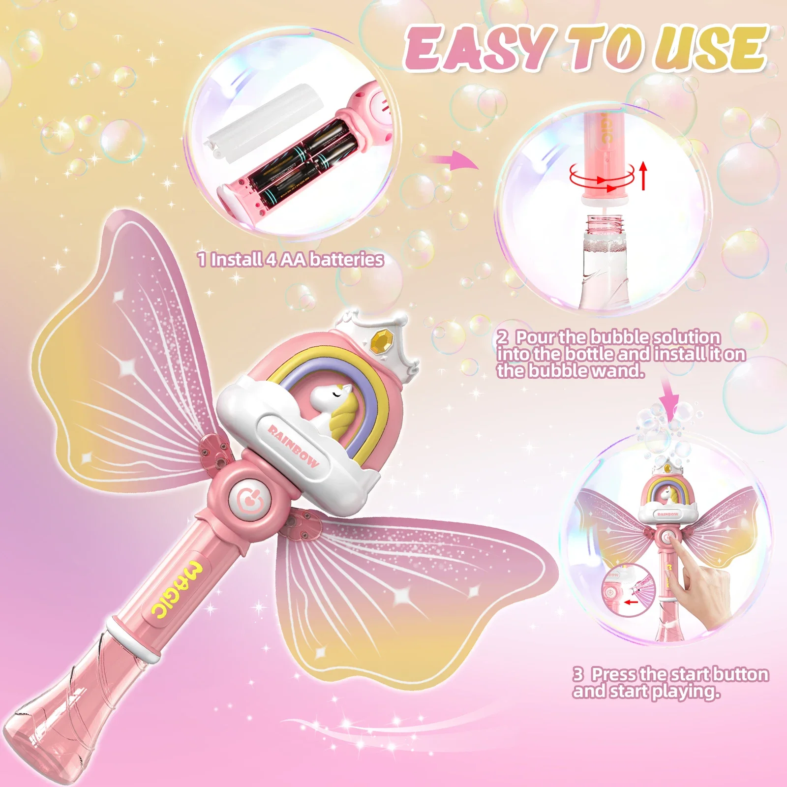 Máquina automática de burbujas con luces LED, soplador de Pony Angel, juguete de burbujas para exteriores para mayores de 3 años