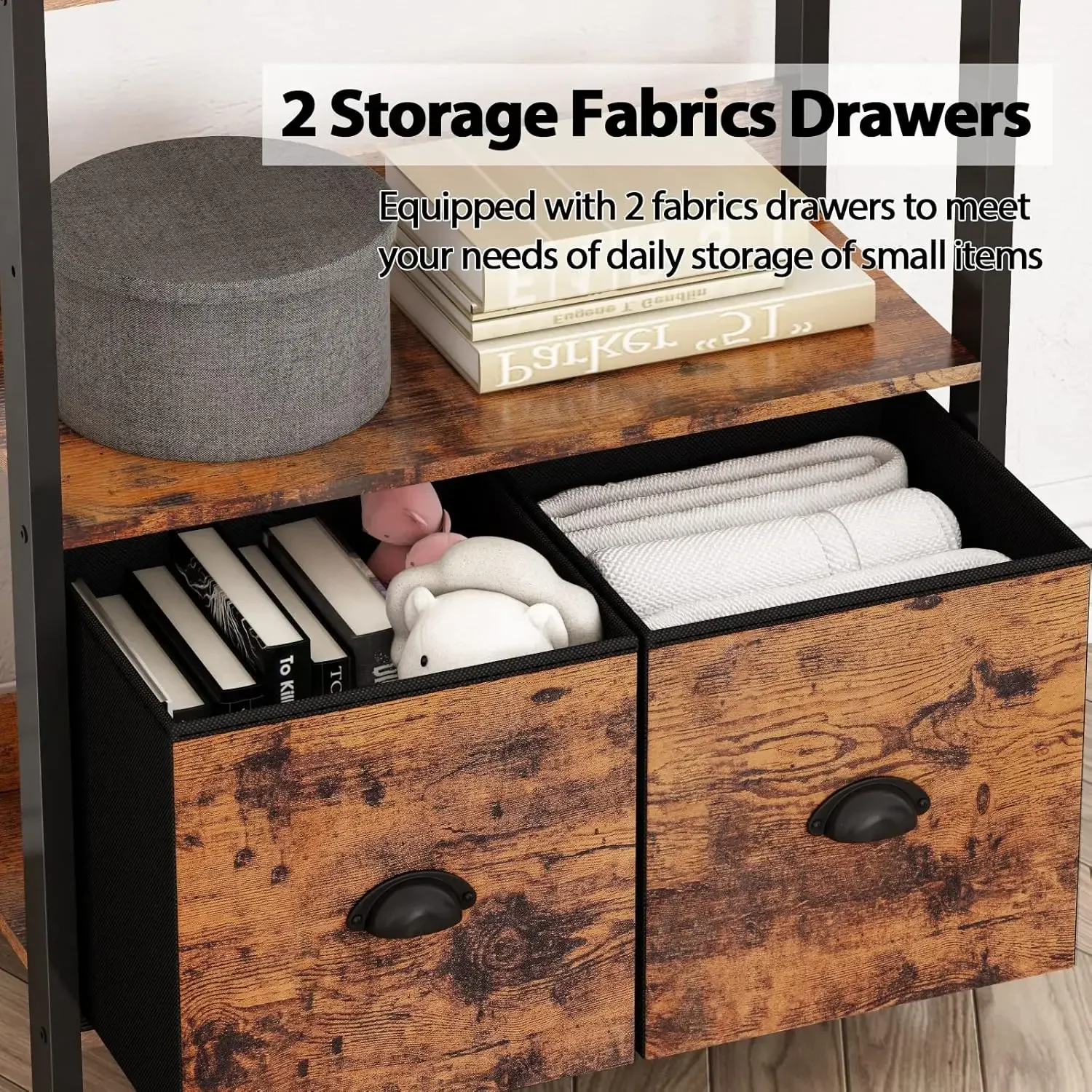 5-Tier Bookshelf, Tall Bookcase with 2 Storage Drawers, Industrial Display Standing Shelf Units, Wood and Metal Storage Shelf