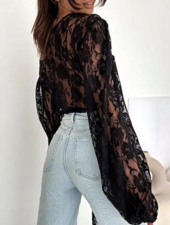 

Top Women 2025 Spring Autumn New Solid Color Spicy Girl Style Lace Sexy Perspective V-Neck Long Sleeved Daily Crop Top