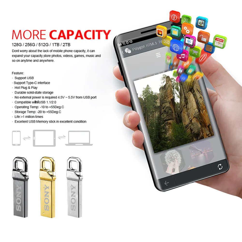 SONY 2TB 1TB Chiavetta USB in metallo Trasferimento ad altissima velocità Unità disco U USB 3.2 Memoria USB tipo C impermeabile per PC cellulare