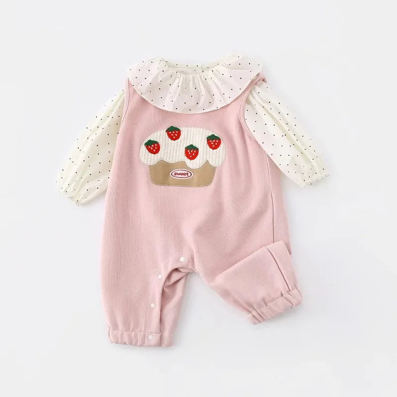 Conjunto de ropa de otoño para bebé niña: mono con lunares y peto bordado, ropa de otoño de 2 piezas para bebés