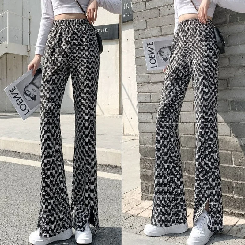 Plaid Flared Pants Woman Korean Style Fluid Fashion Flare Leggings Wide Leg Leg Slit Checked Bell Trousers for Women Vintage Hot