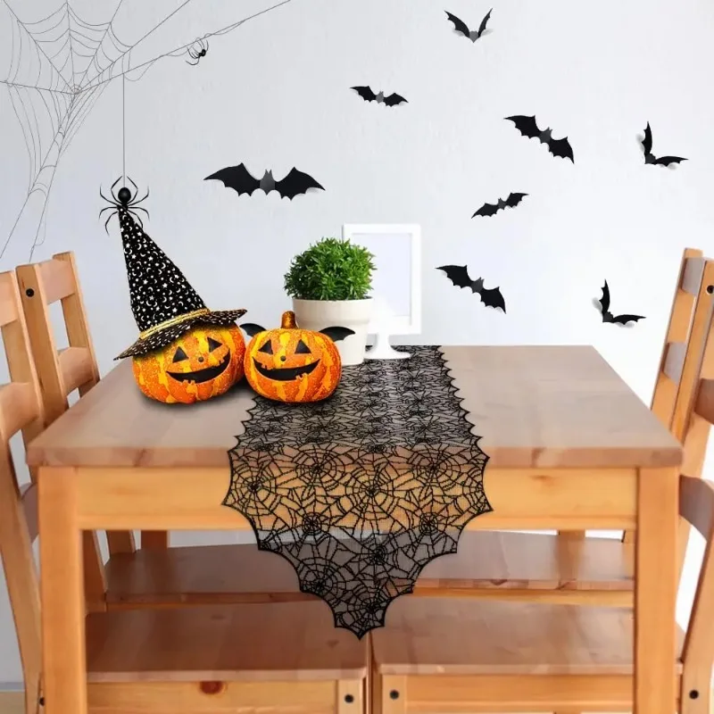 1pc Halloween Decoration Table Runner,Spider Web Black Lace Table Runner for Kitchen Dinner Table,Halloween Decoration Indoor