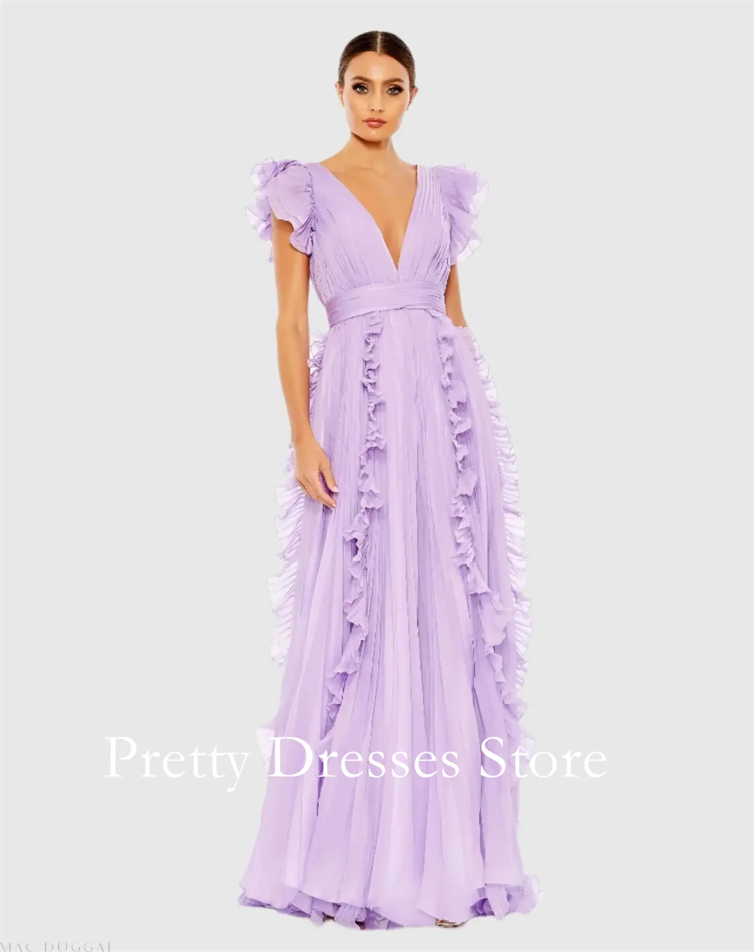 

Purple Pleated Ruffle Cap Sleeve Flowy A Line Gown Evening Dresses Customized Party Prom Gowns Formal vestidos de fiesta