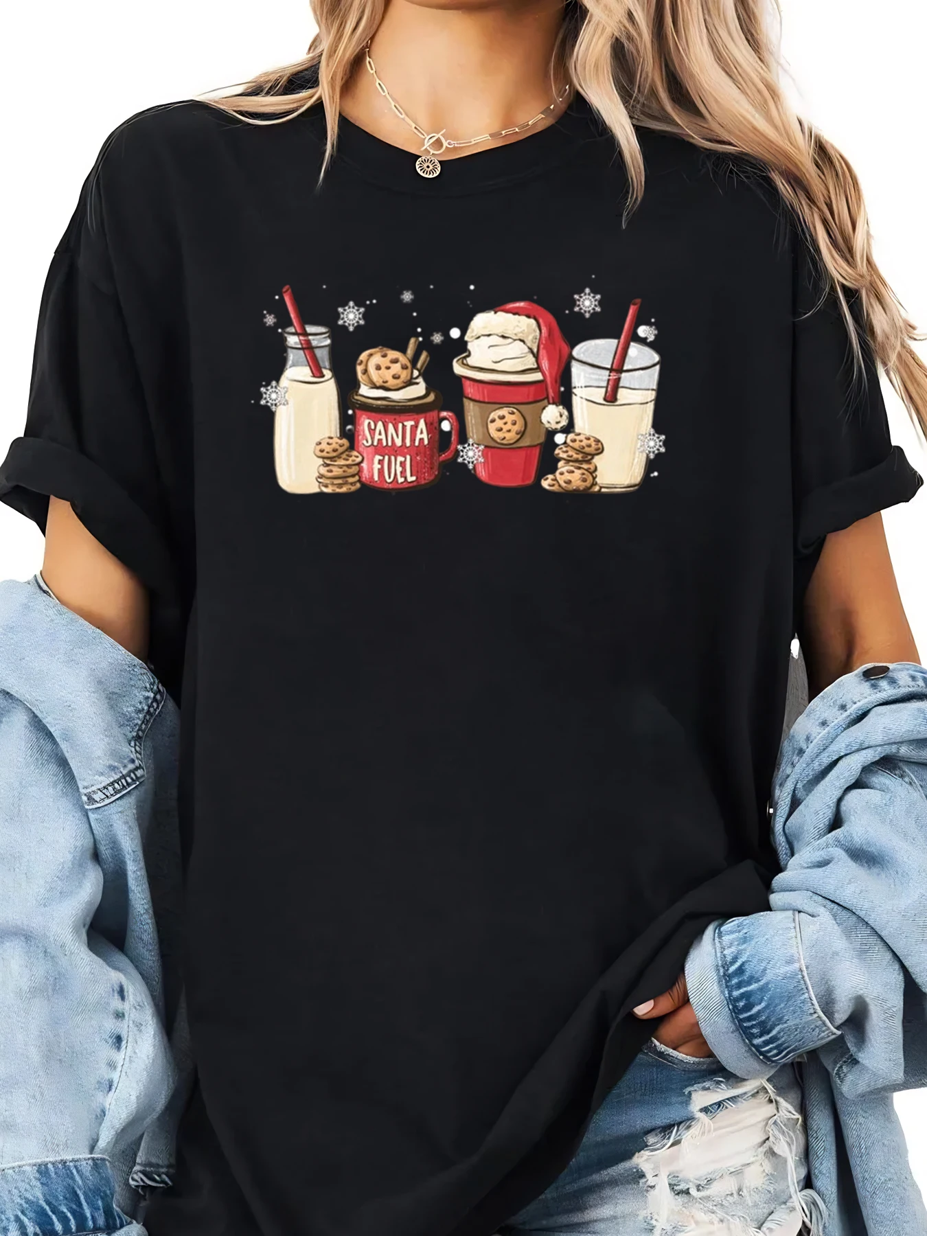 

Santa Fuel Hot Chocolate Cookies Christmas Print T-shirt Women Casual Holiday Wear Black Plus-size