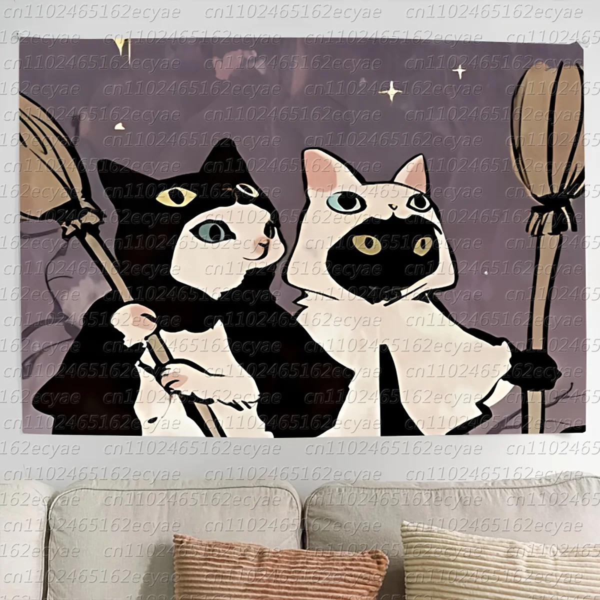 1 Stück schwarz-weiße Katze Cartoon Wandteppich Wandbehang für Wohnzimmer Schlafzimmer Dekoration inklusive einfachem Installationsset