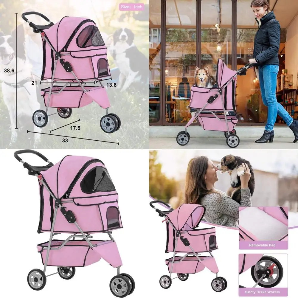 

Folding Waterproof Pet Stroller for Medium & Small Dogs, Cats with Cup Holder & Removable Liner, Pink