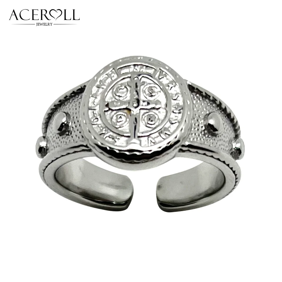 ACEROLL Stainless Steel Rosary Ring With Saint Benedict Medal for Exorcism