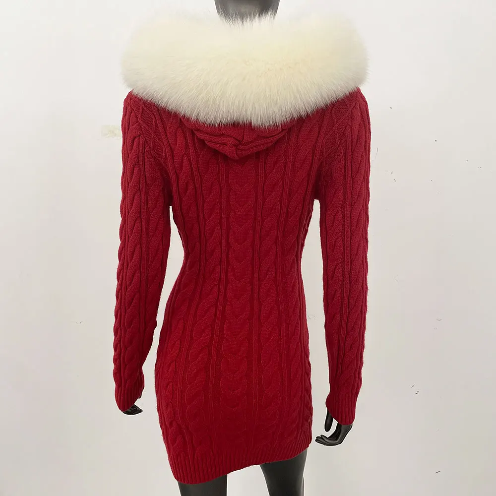 Herbst Winter Elegante Frauen Echtpelz Pullover Rot Schlank Pelz Patchwork Mit Kapuze Gestrickte Kleid Weibliche Große Pelz Strickwaren Hoodie Tops