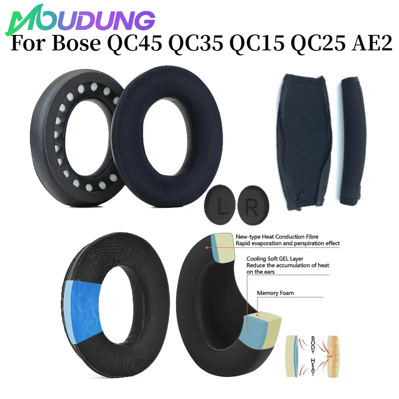 

MOUDUNG Replacement Cooling Gel +Ice silk cloth Ear Pads For Bose QC45 QC35 QC15 QC25 AE2 Gaming Headphones