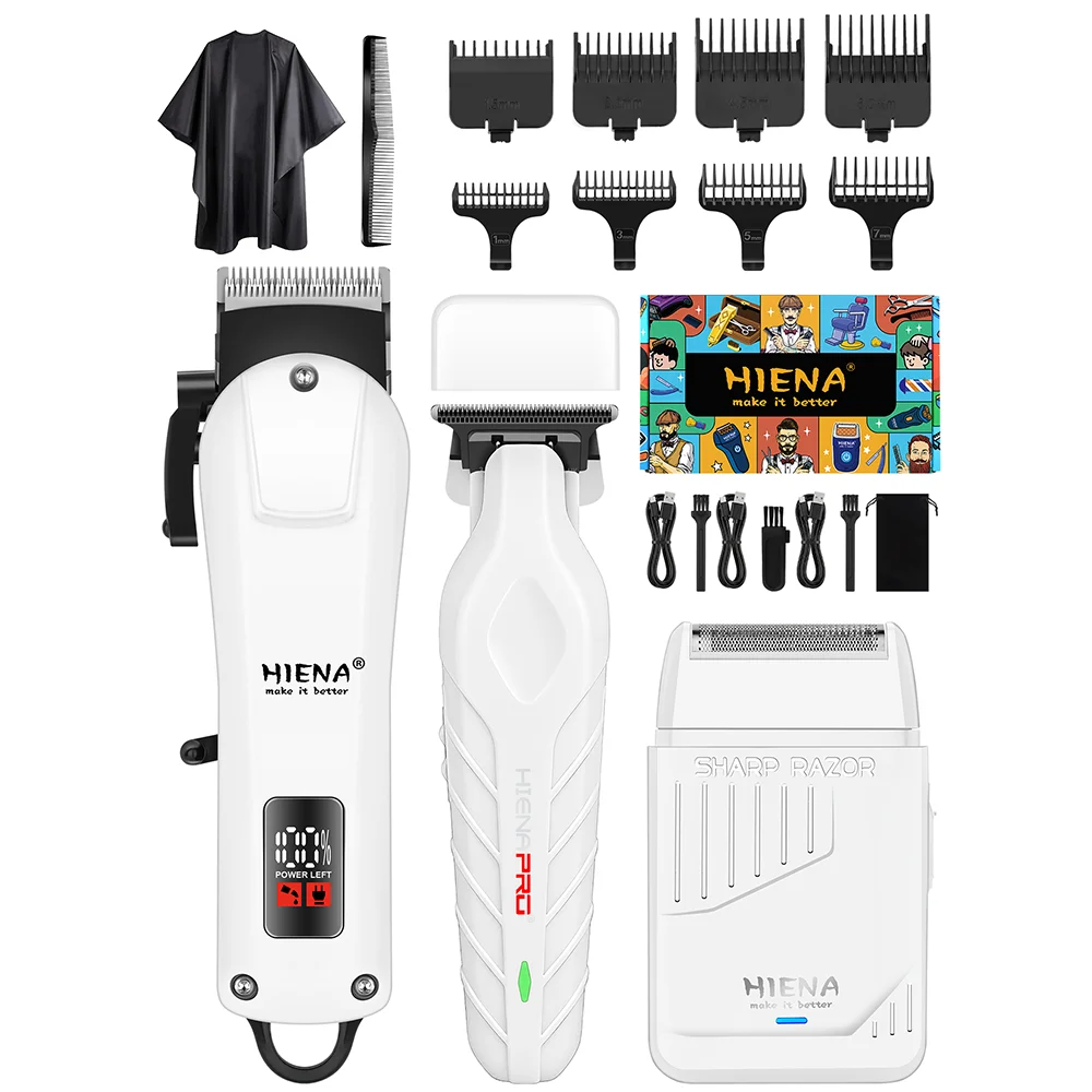 Set de Cortadora de Pelo 3 en 1 HIENA, Kit de Barbería Inalámbrico con Pantalla LED, Recortadora y Afeitadora Recargable por USB para Hombres